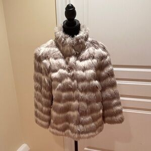 Tahari Girls  10 Faux Fur Striped Jacket - Cream Gray